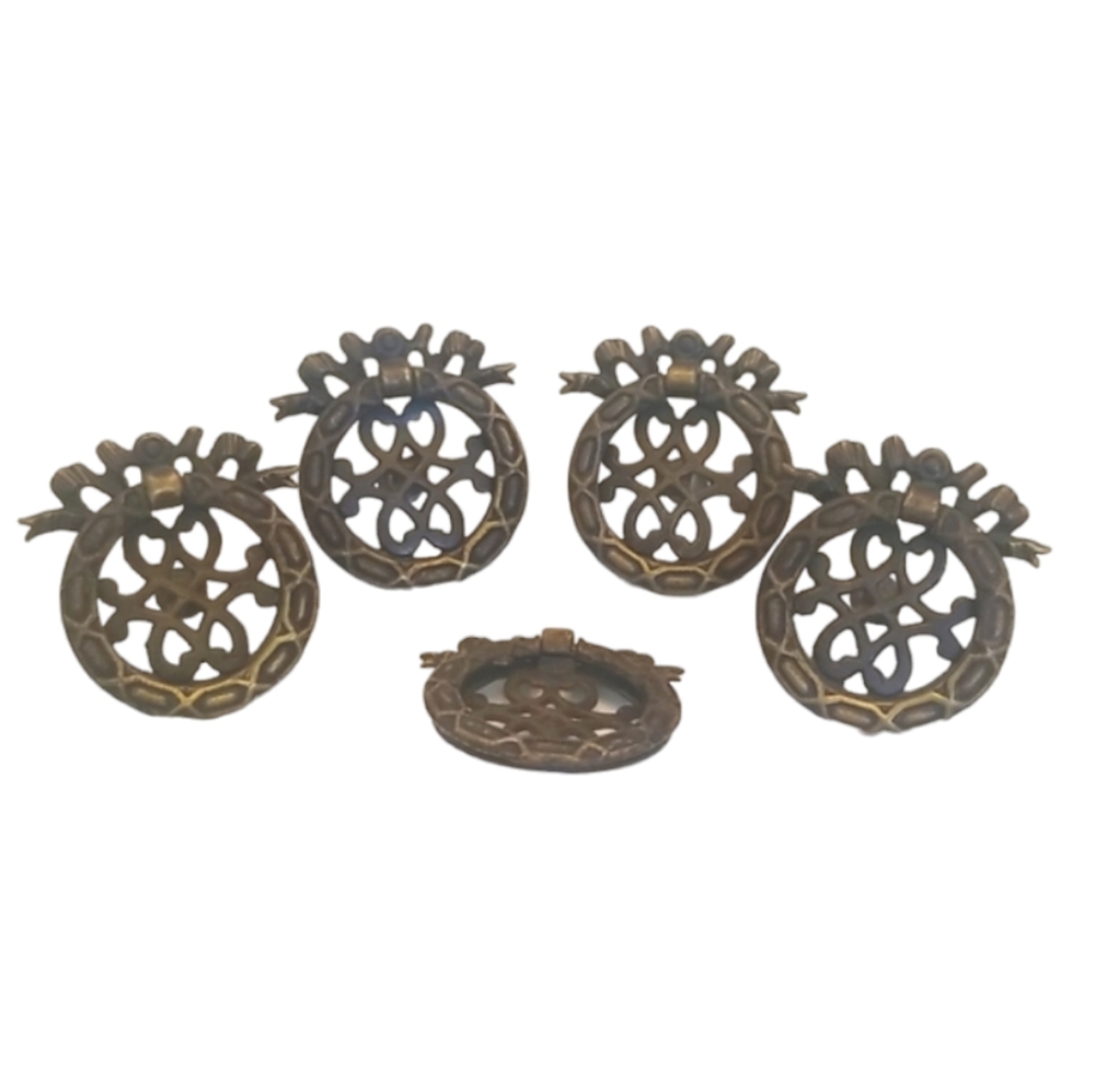 Five Antique Drop Hang Drawer Handles Solid Brass - Victorian Vibes